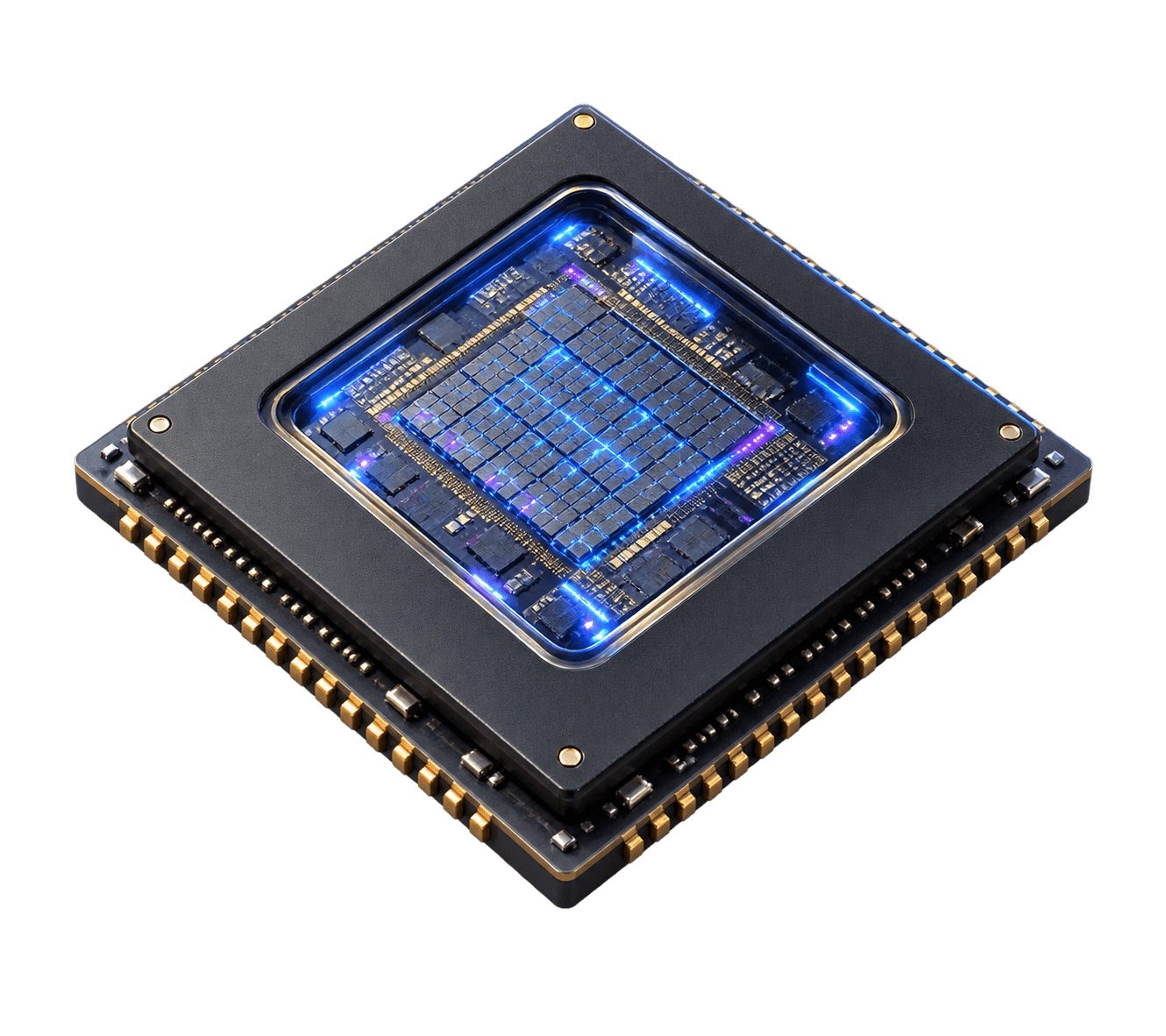 Chip Analog CIM tùy biến với mảng tính toán lộ bên trong, đặt trên bản vẽ kỹ thuật có tín hiệu dạng sóng liên tục chạy xuyên qua chip.