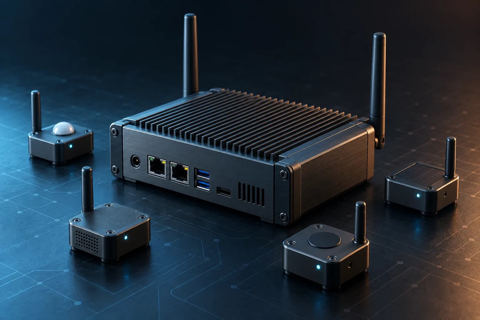 Bộ gateway IoT công nghiệp nhỏ gọn kết nối với nhiều nút cảm biến không dây.