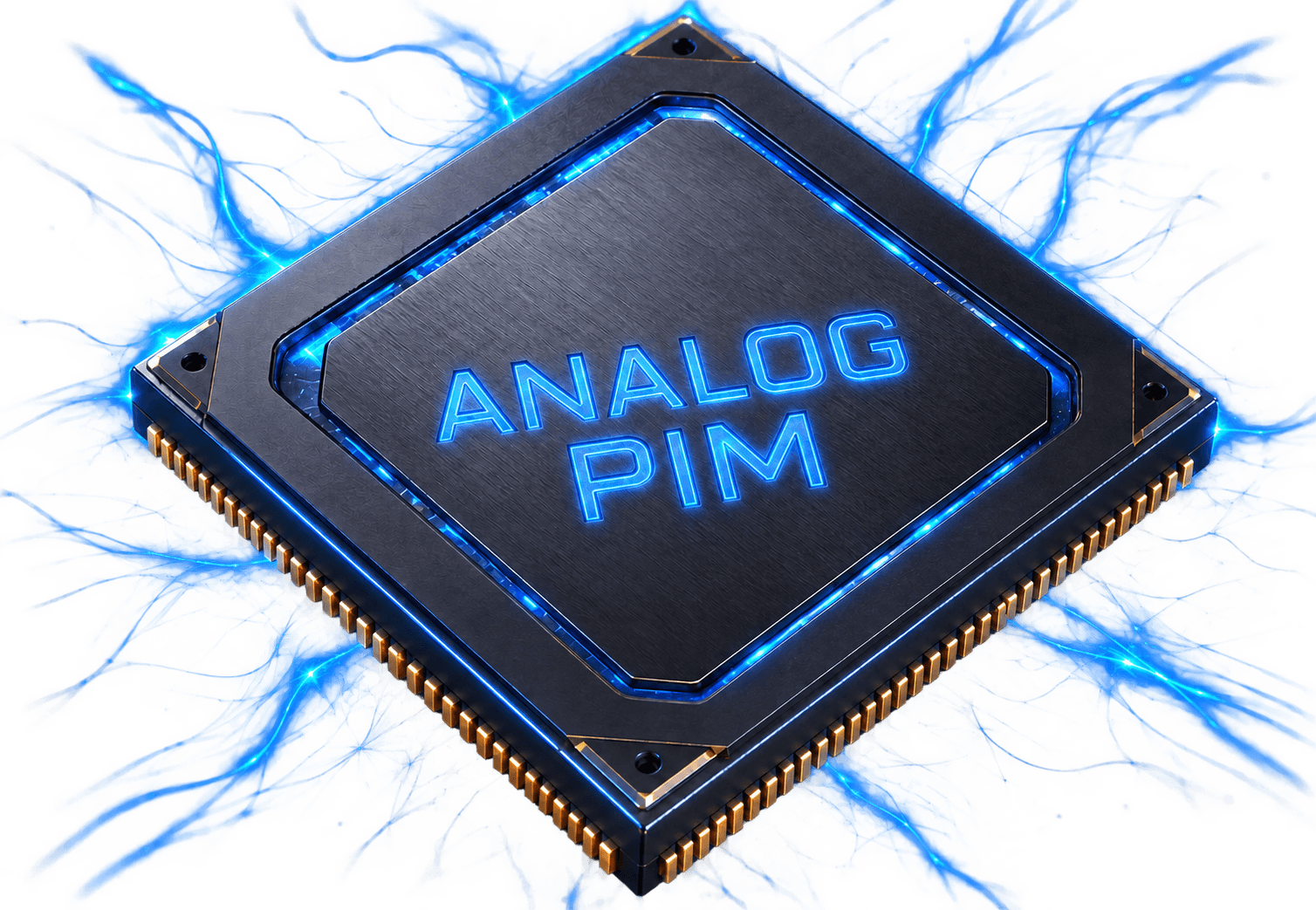 Chip Analog CIM tùy biến với mảng tính toán lộ bên trong, đặt trên bản vẽ kỹ thuật có tín hiệu dạng sóng liên tục chạy xuyên qua chip.