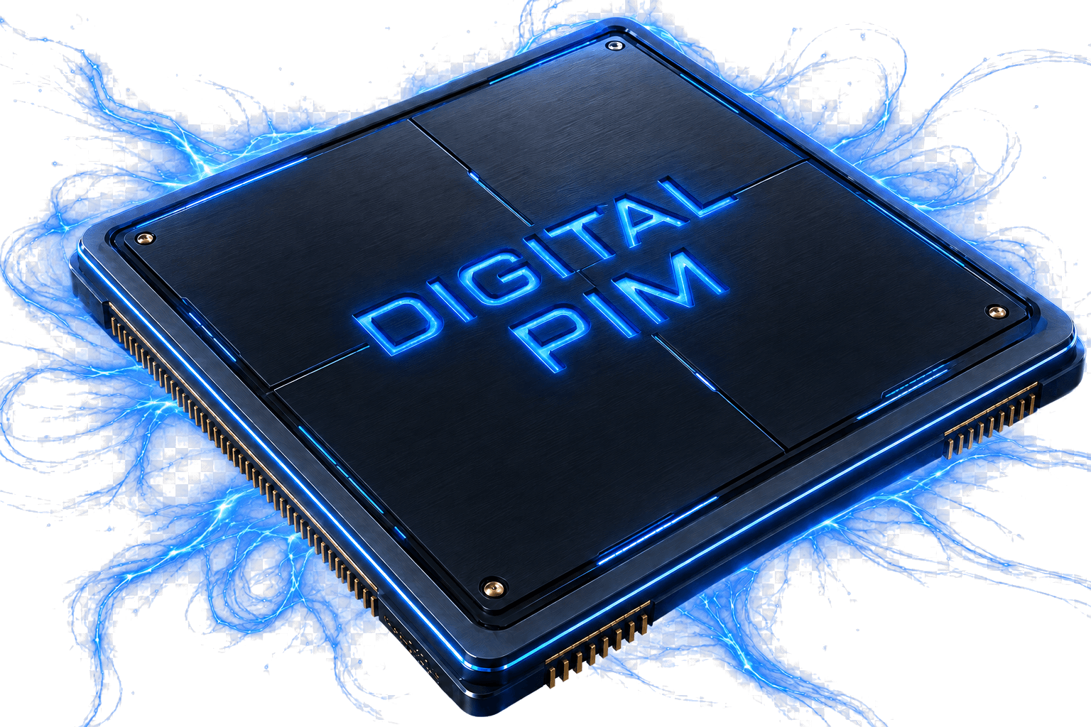 Chip Digital CIM tùy biến với bốn cụm xử lý, đặt trên bản vẽ kỹ thuật có chuỗi xung vuông chạy xuyên qua chip.