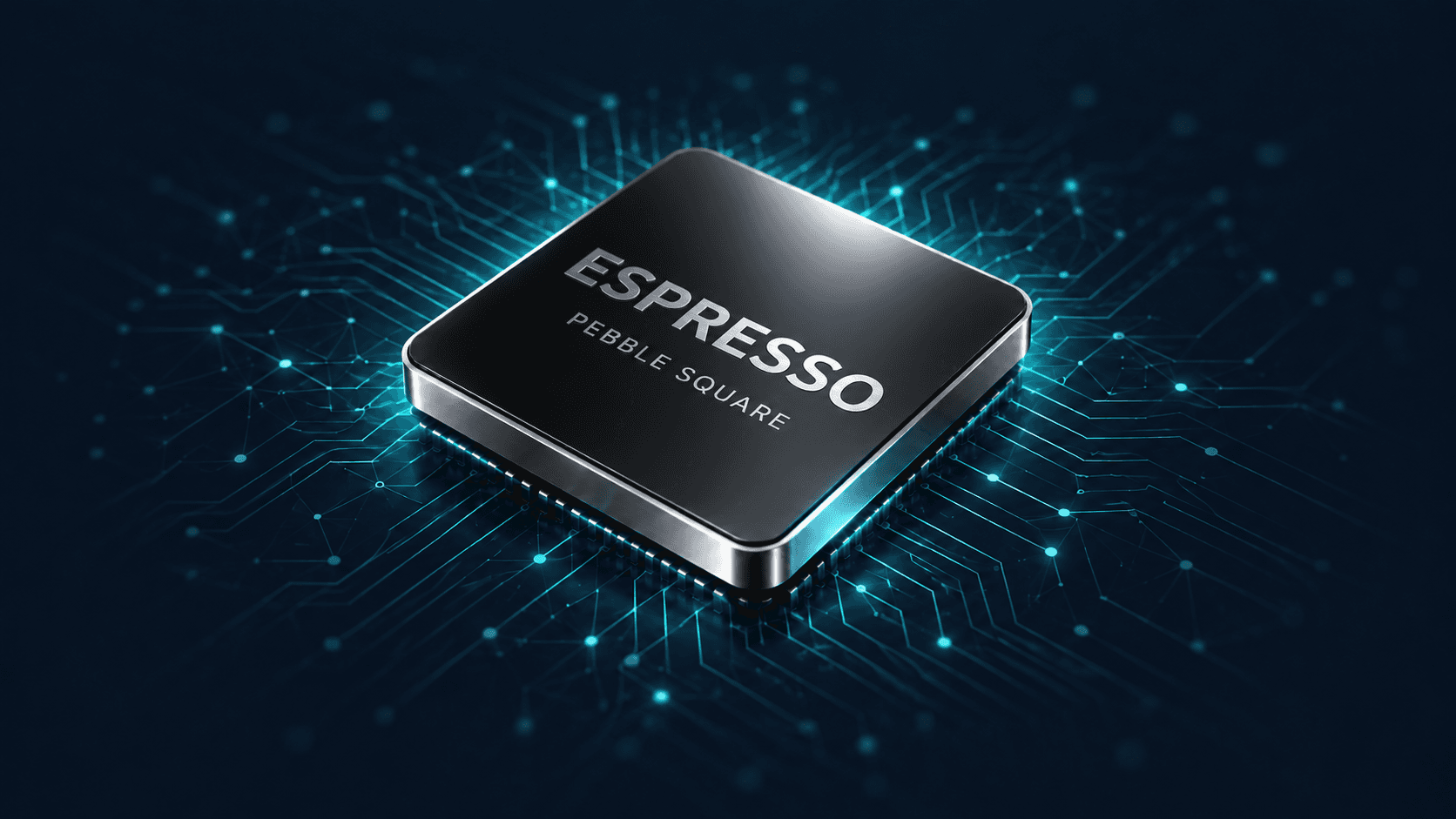 Ảnh render chip ESPRESSO dạng khối vuông với mặt trên bóng gương, trên nền mạch điện tử phát sáng xanh.