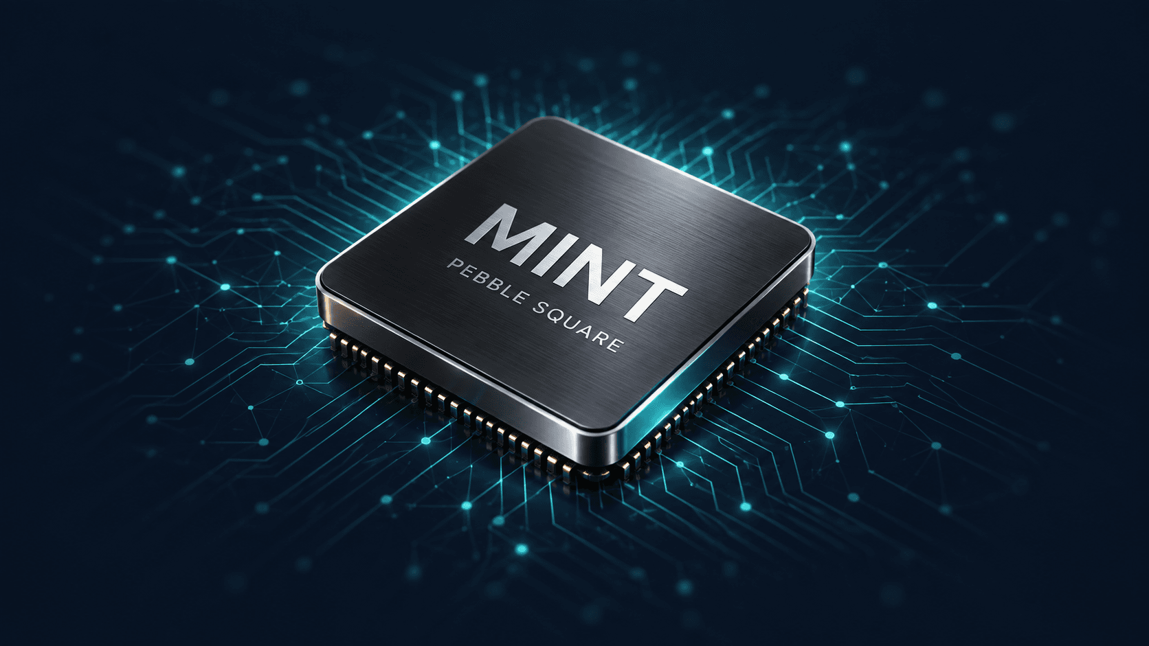 Ảnh render chip MINT dạng khối vuông kim loại xước, trên nền mạch điện tử phát sáng xanh.