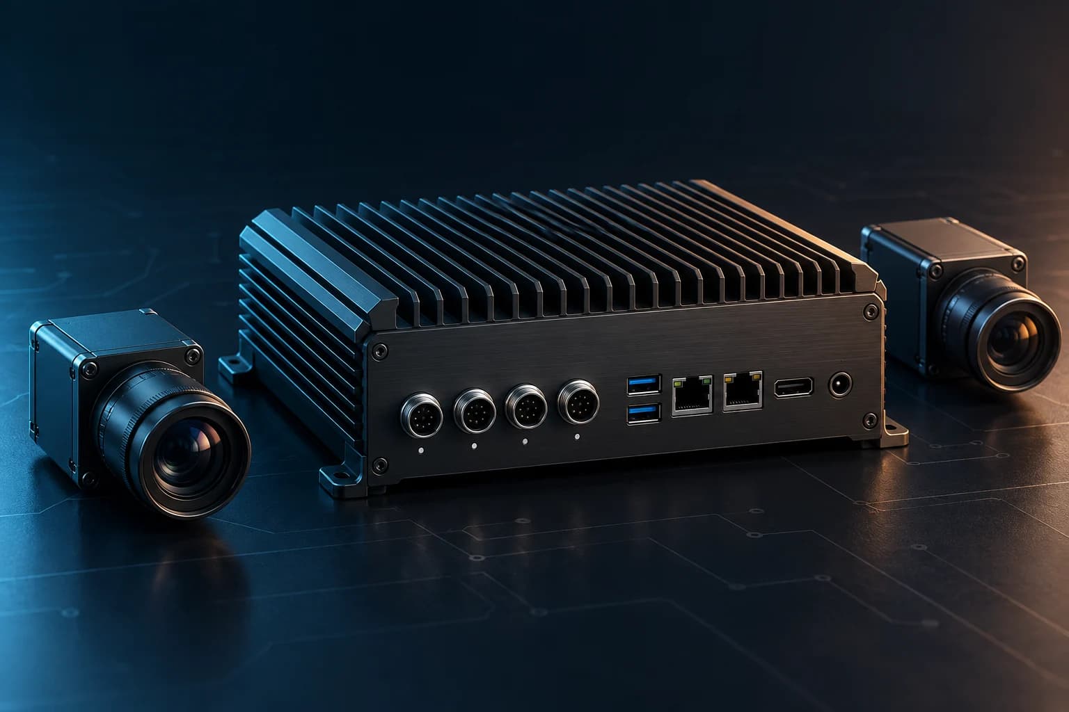 AI Box không quạt nhỏ gọn kết nối với hai camera thị giác công nghiệp.