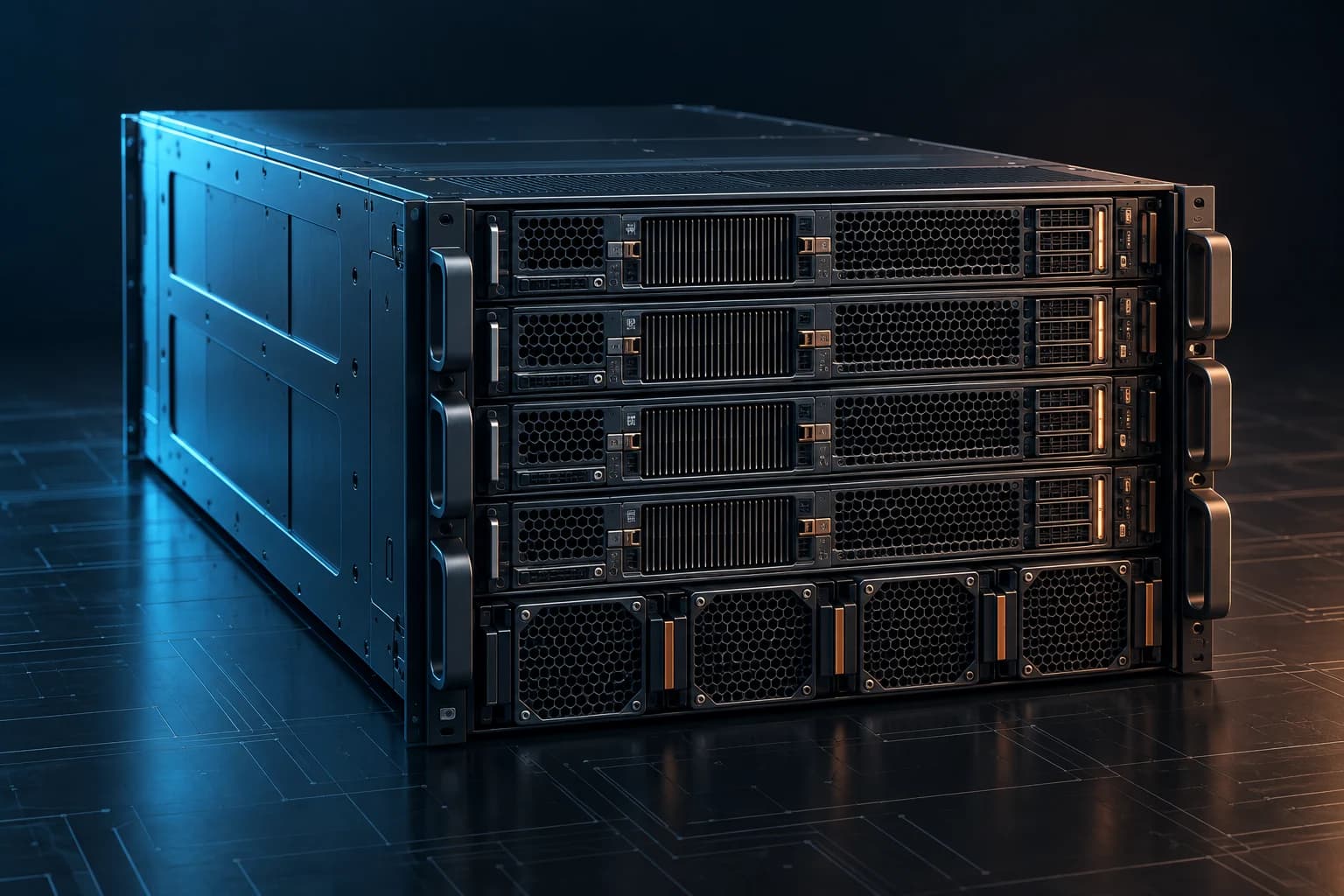 Máy chủ AI dạng rack dày đặc với nhiều khay tăng tốc và hệ thống làm mát chính xác.