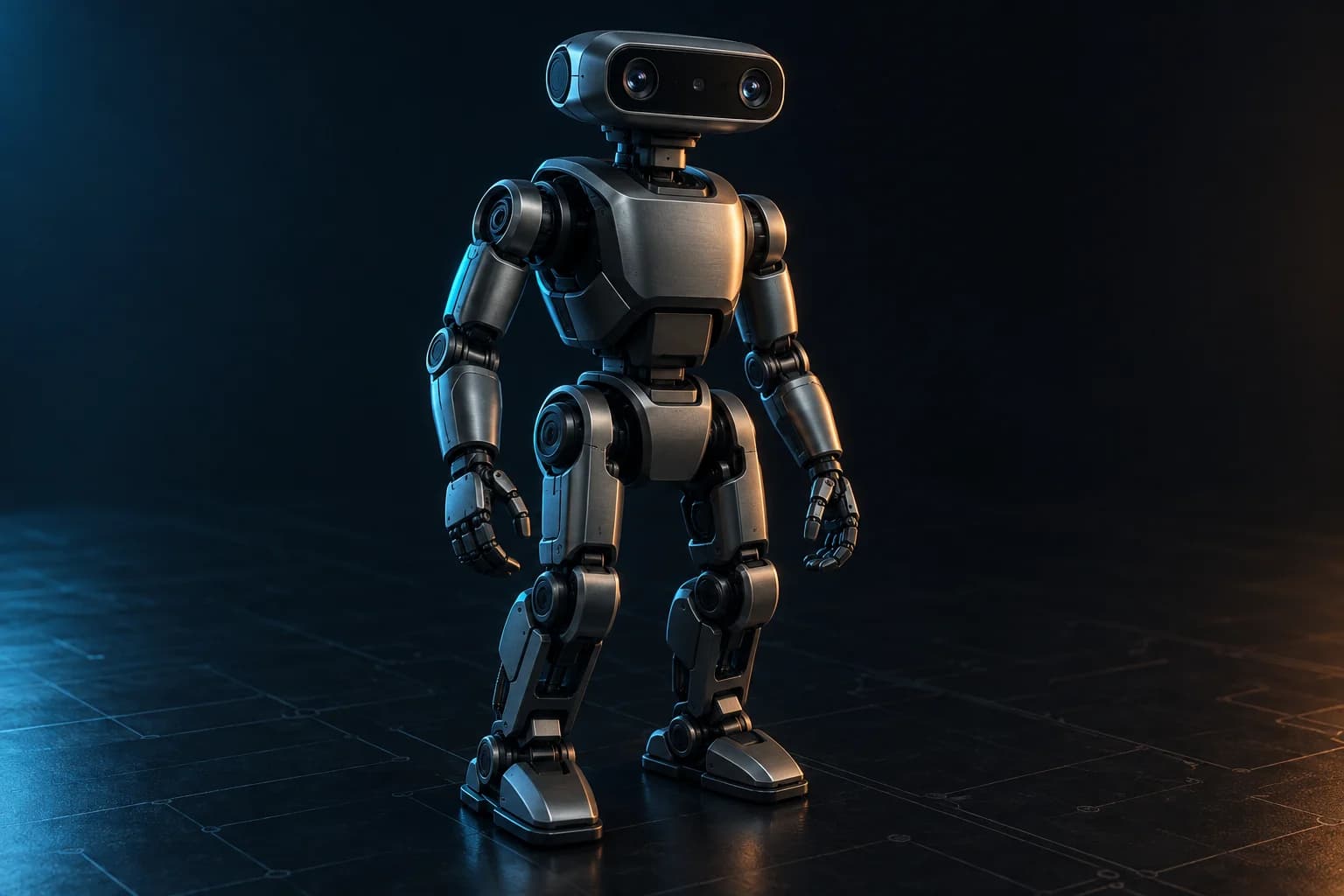 Robot hình người nhỏ gọn với các khớp cơ khí và cụm camera stereo.