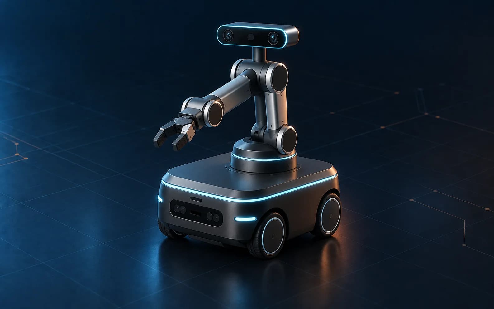 Robot tự hành nhỏ gọn có tay máy và cụm camera stereo để cảm nhận môi trường theo thời gian thực.