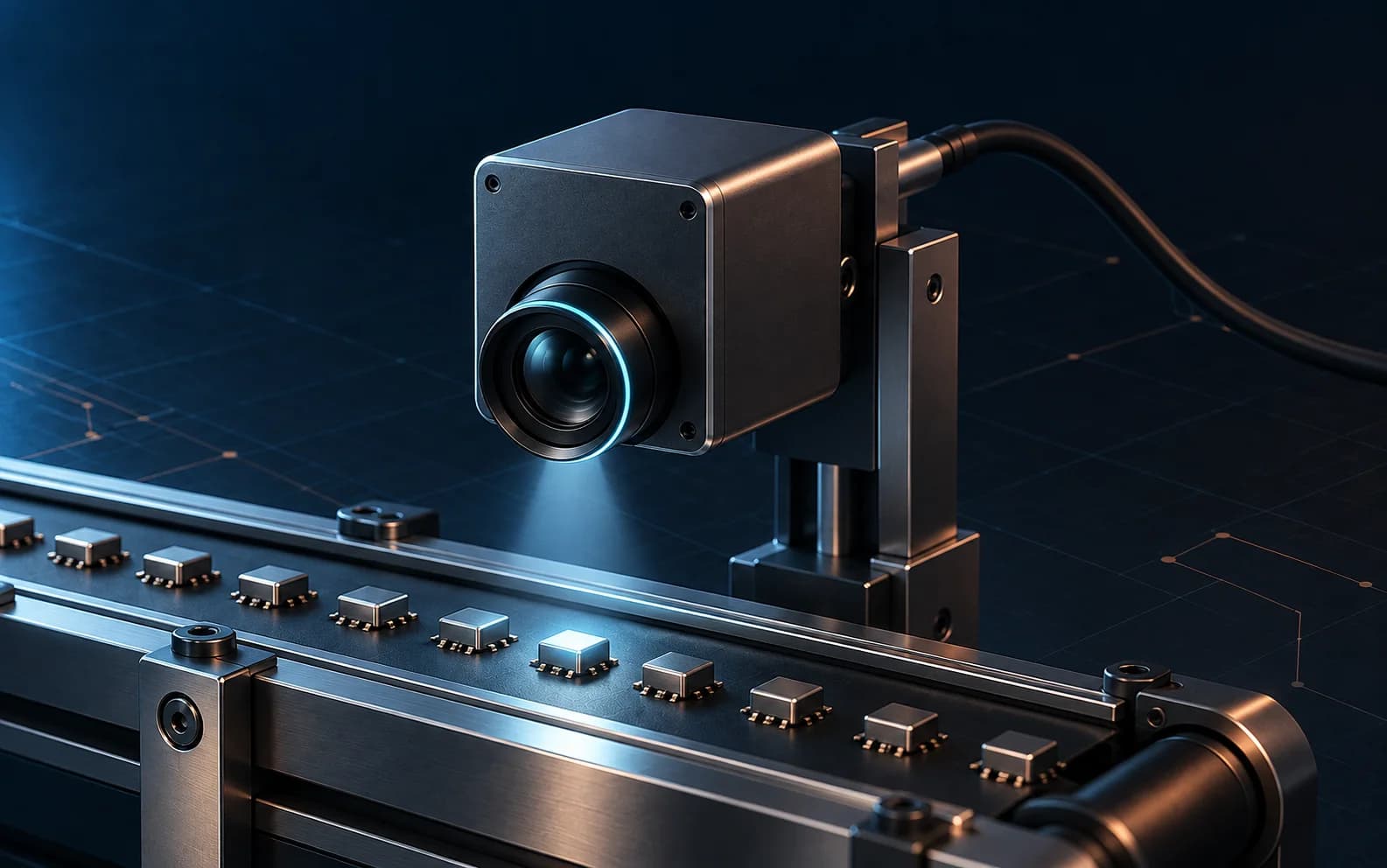 Camera thị giác máy kiểm tra linh kiện điện tử trên băng chuyền chính xác.