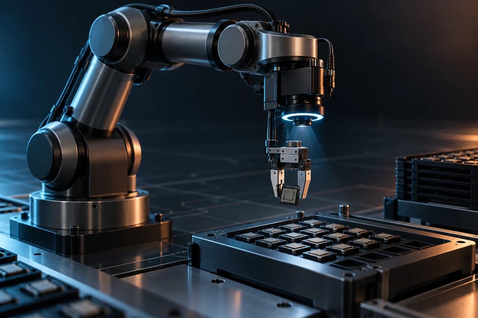 Cánh tay robot công nghiệp tích hợp camera đang gắp và kiểm tra một linh kiện điện tử.